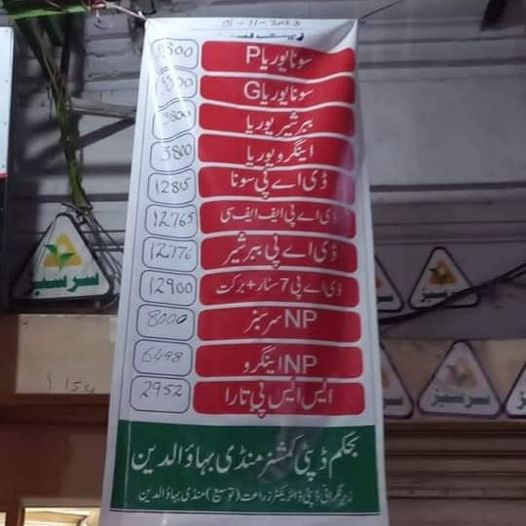 Rate list of Urea, DAP and fertilizers displayed in front of shops